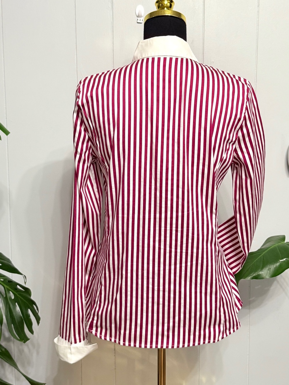 #18) NEW New York & Company Maroon-Red and White Striped Button-Down Shirt - Picture 2 of 5
